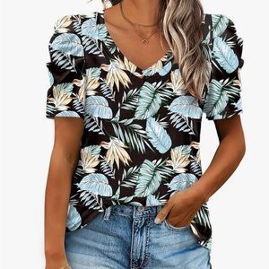 Tropical Leaf Print V-Neck Top